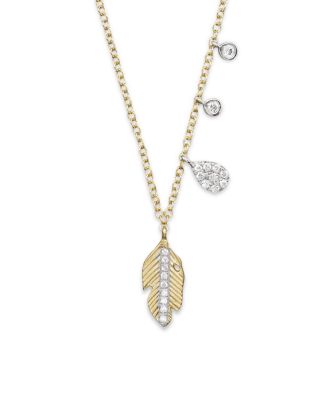 Meira T - 14K White and Yellow Gold Feather Necklace with Diamonds, 16"