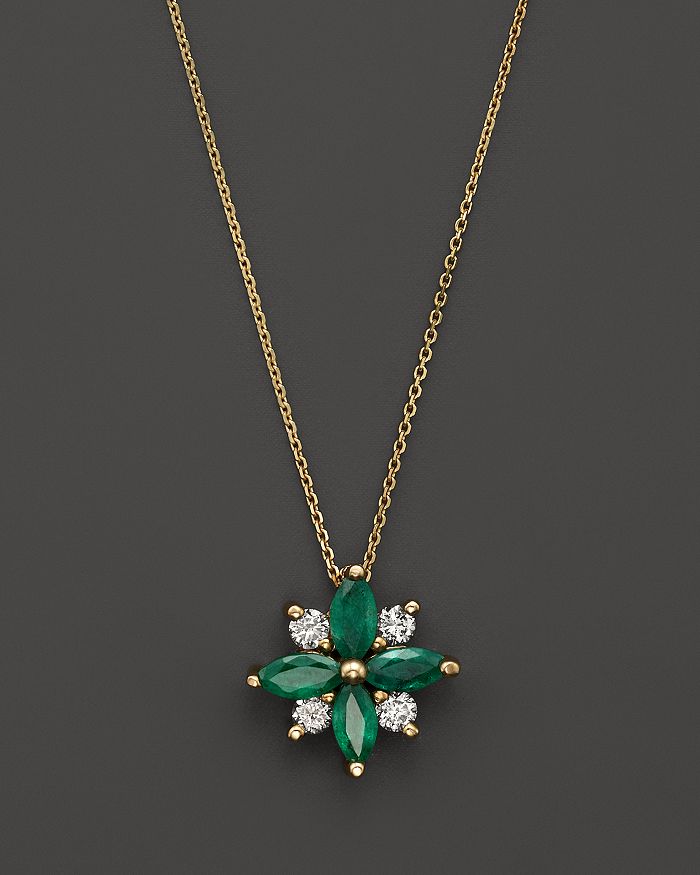 Bloomingdale's Emerald And Diamond Flower Pendant Necklace In 14k Yellow Gold, 18 - 100% Exclusive In Gold/green