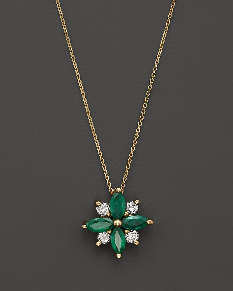 Emerald and Diamond Flower Pendant Necklace in 14K Yellow Gold, 18