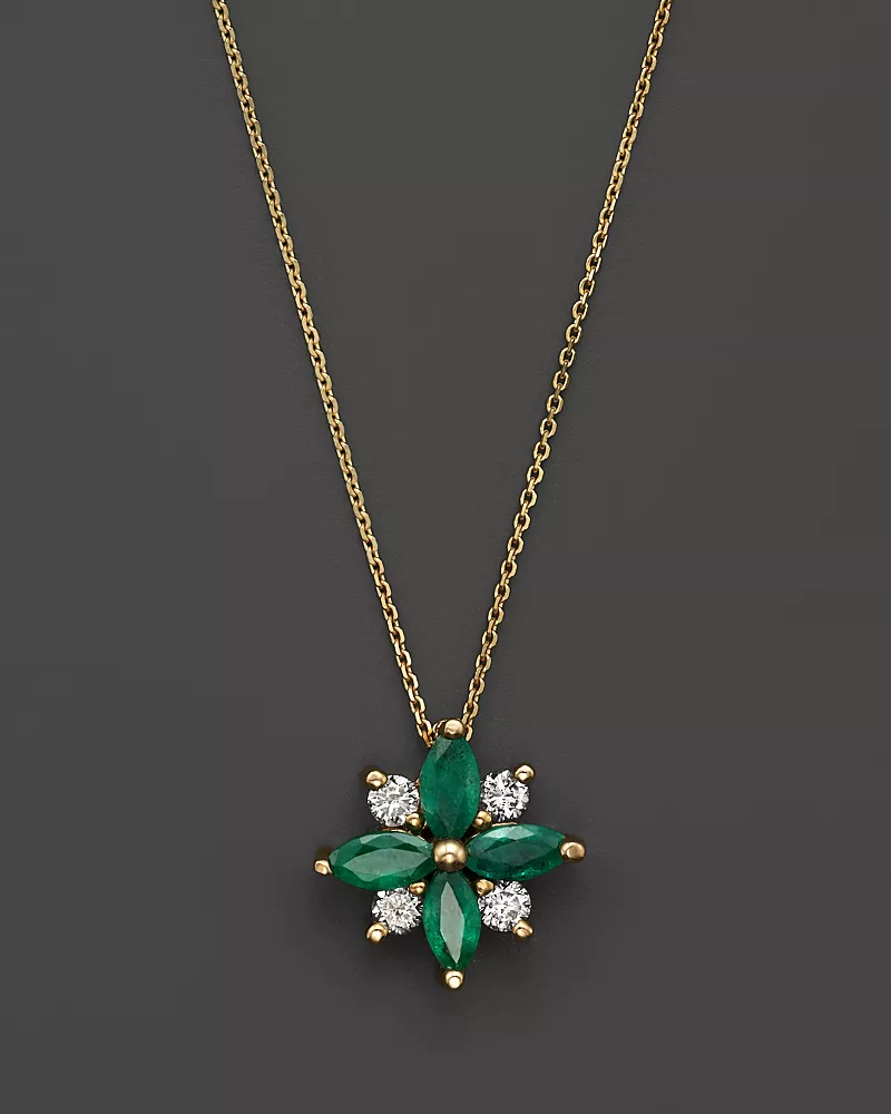 Emerald and Diamond Flower Pendant Necklace in 14K Yellow Gold, 18