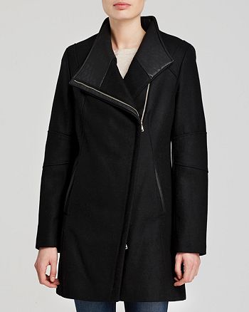 Calvin Klein Asymmetric Faux Leather Trim Coat | Bloomingdale's