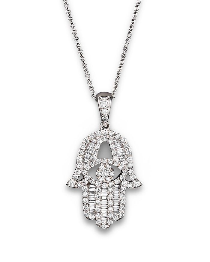 Bloomingdale's Diamond And Baguette Hamsa Pendant Necklace In 14k White Gold, 0.55 Ct. T.w. - 100% Exclusive