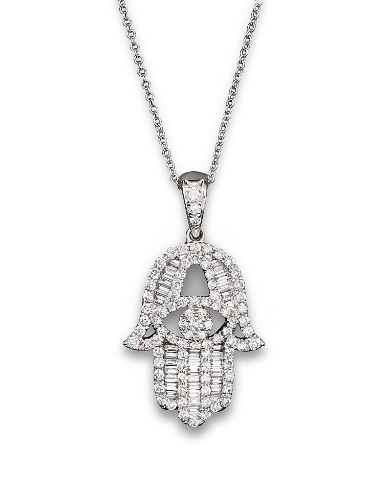 Diamond and Baguette Hamsa Pendant Necklace in 14K White Gold, 0.55 tcw