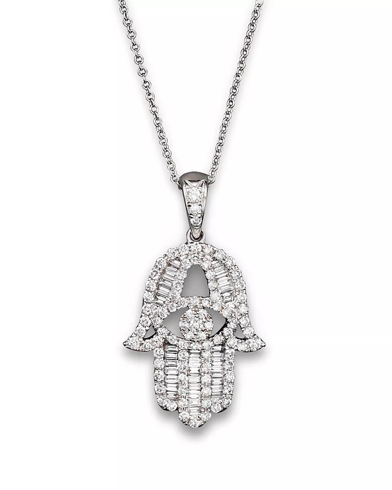 Diamond and Baguette Hamsa Pendant Necklace in 14K White Gold, 0.55 tcw