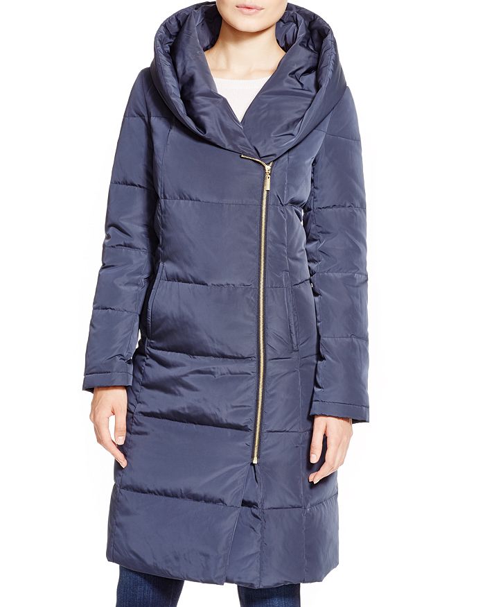 Cole Haan Women's Taffeta Down Coat With Attached Bib & Oversized Hood