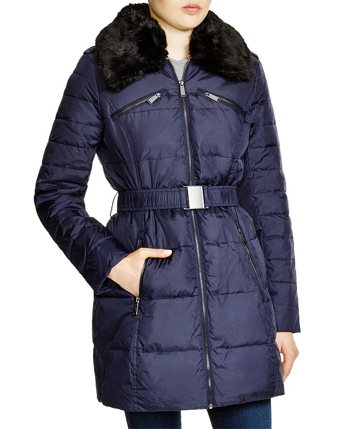 DKNY Water Resistant Faux Fur Lined Hood Puffer Jacket in Black