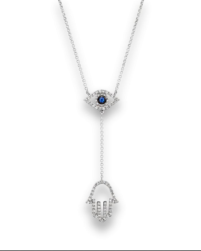 Bloomingdale's Sapphire And Diamond Evil Eye Hamsa Y Necklace In 14k White Gold, 16 In Blue/white