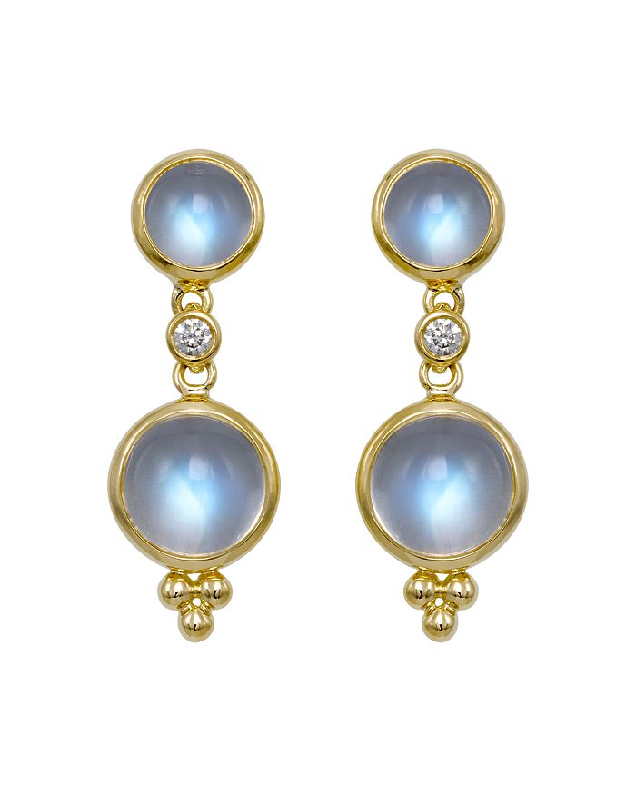 Shop Temple St Clair Double Drop Earrings With Royal Blue Moonstone And Diamonds In 18k Yellow Gold In Blue/gold