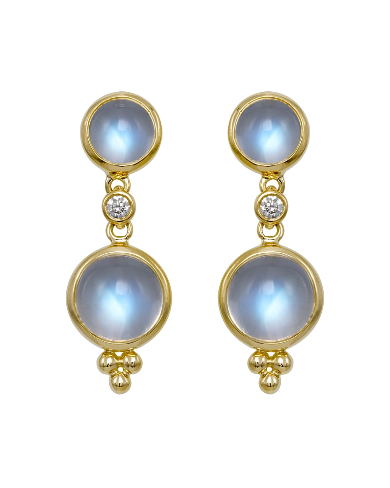Temple St. Clair Double Drop Earrings with Royal Blue Moonstone and Diamonds in 18K Yellow Gold