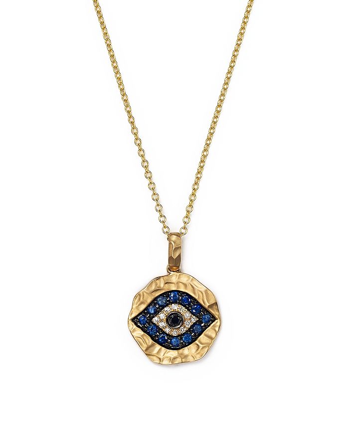 Bloomingdale's White Diamond, Black Diamond And Blue Sapphire Evil Eye Pendant Necklace In 14k Yellow Gold, 18