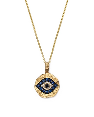White Diamond, Black Diamond and Blue Sapphire Evil Eye Pendant Necklace in 14K Yellow Gold, 18