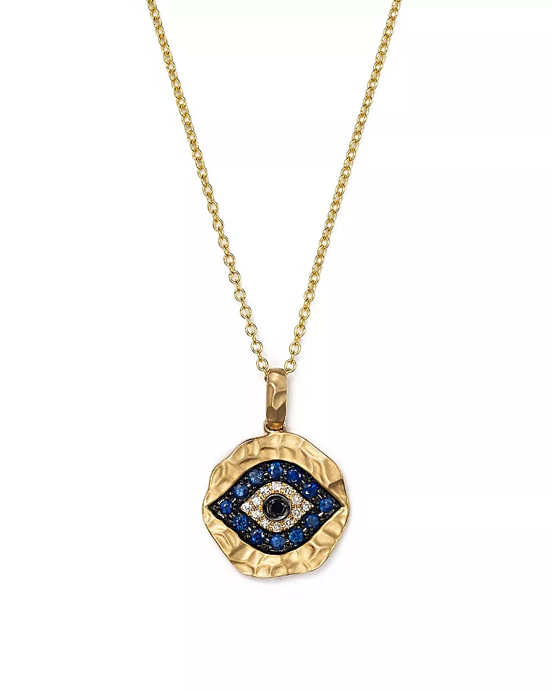 White Diamond, Black Diamond and Blue Sapphire Evil Eye Pendant Necklace in 14K Yellow Gold, 18