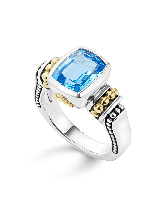 Shop Lagos 18k Gold And Sterling Silver Caviar Color Small Ring With Swiss Blue Topaz In Blue/silver