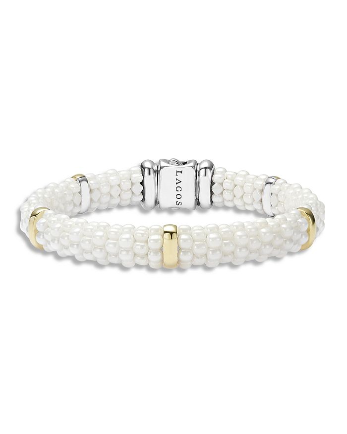 Shop Lagos White Caviar Ceramic And 18k Gold 5-station Bracelet