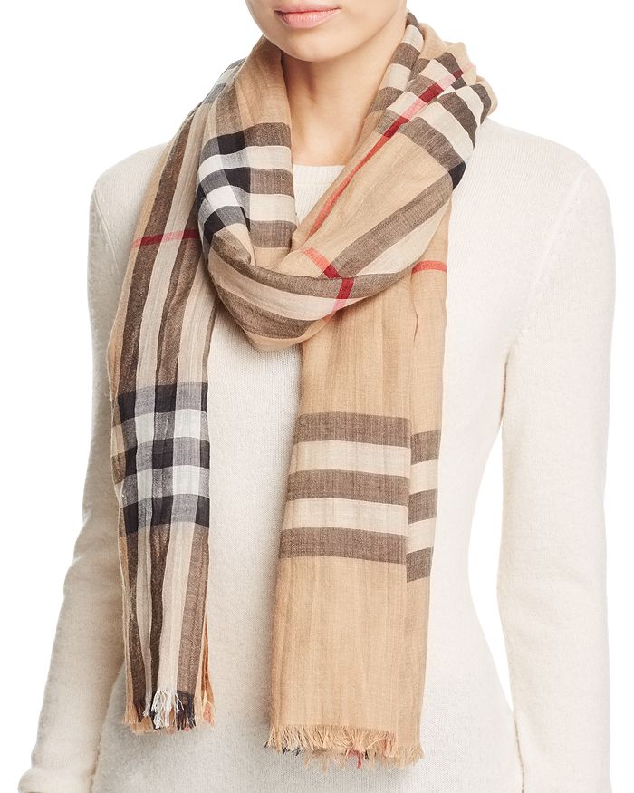 Burberry Lightweight Giant Check Wool & Silk Scarf In Camel