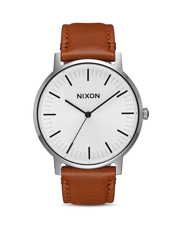 Nixon Porter Round Leather Strap Watch, 40mm In White