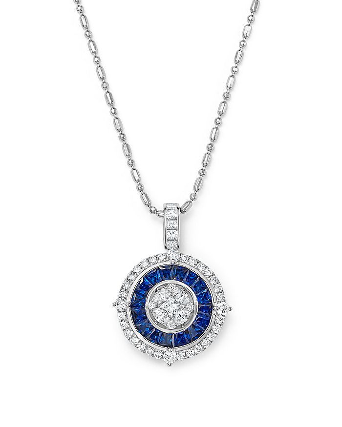 Bloomingdale's Blue Sapphire And Diamond Halo Pendant Necklace In 14k White Gold, 18 - 100% Exclusive