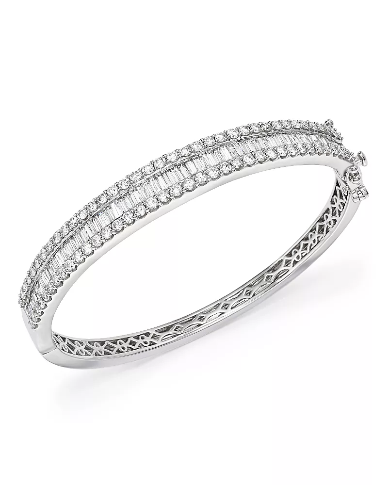 Diamond Round and Baguette Bangle in 14K White Gold, 5.0 tcw