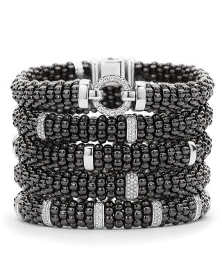 Black Caviar Ceramic Bracelet with Sterling Silver and 1 Diamond Bar