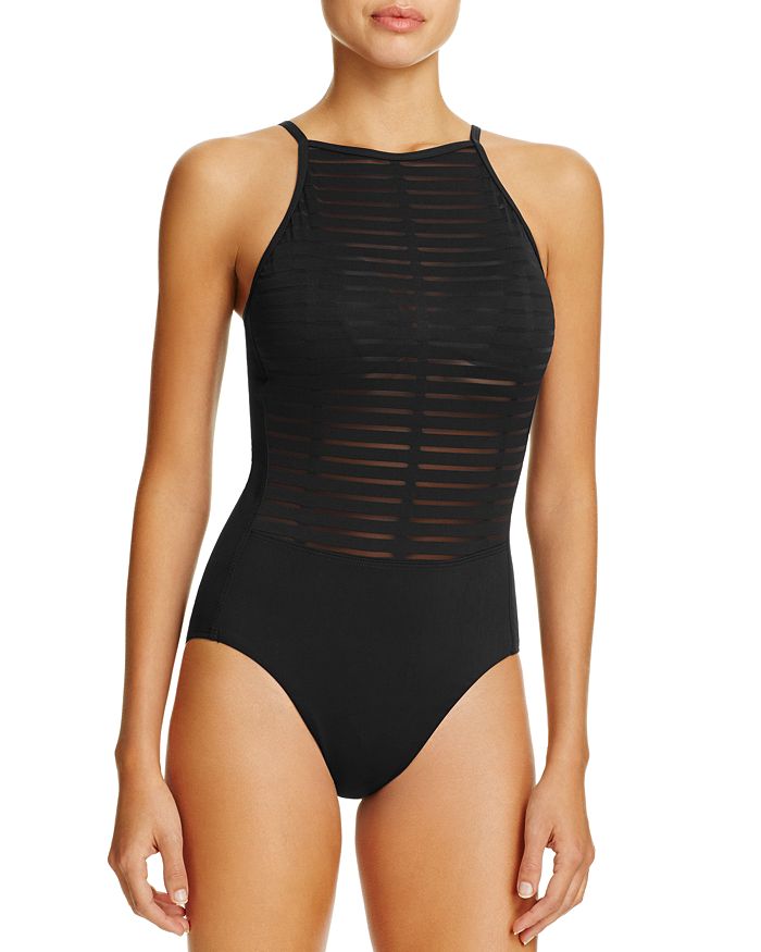 Amoressa Funny Girl High Neck Mesh Stripe Maillot One Piece Swimsuit In Black