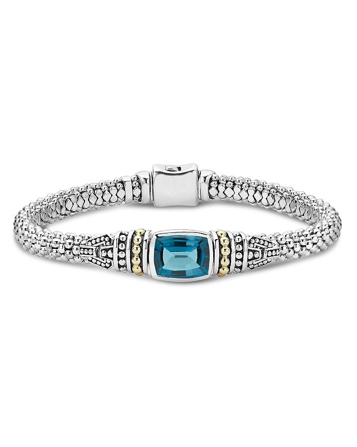 Lagos 18k Gold And Sterling Silver Caviar Color Bracelet With London Blue Topaz In London Blue Topaz