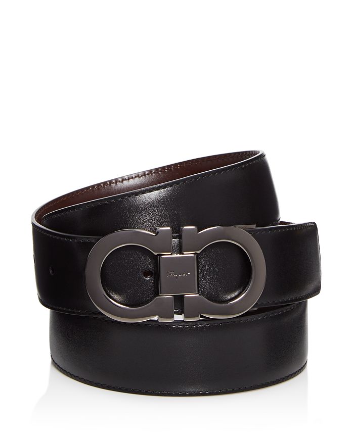 Shop Ferragamo Salvatore  Men's Double Gancini Buckle Reversible Leather Belt In Black/auburn