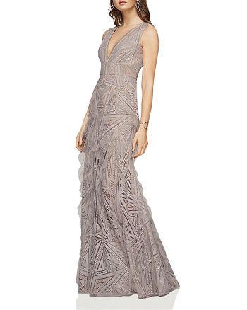 BCBGMAXAZRIA Plunge V-Neck Lace and Ruffle Gown | Bloomingdale's