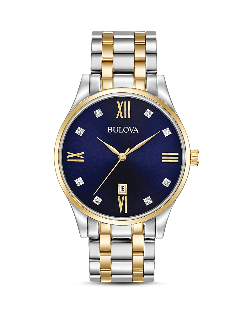 Bulova Classic Mens Two Tone Stainless Steel Bracelet Watch 98d130 In Blue/gold