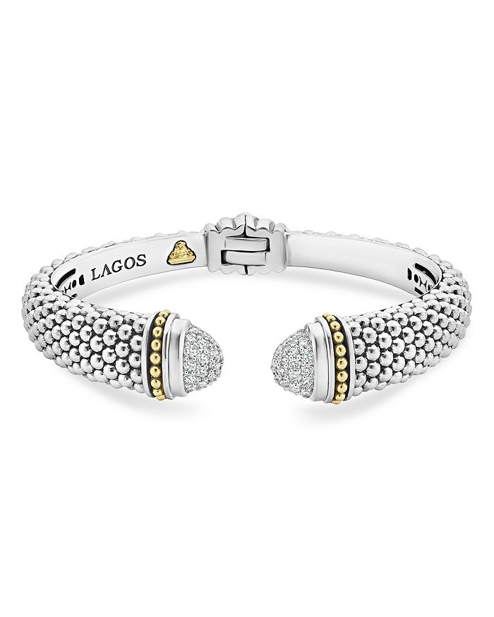 Shop Lagos 18k Gold & Sterling Silver Caviar Diamond Cuff Bracelet, 12 Mm, Large In White/silver