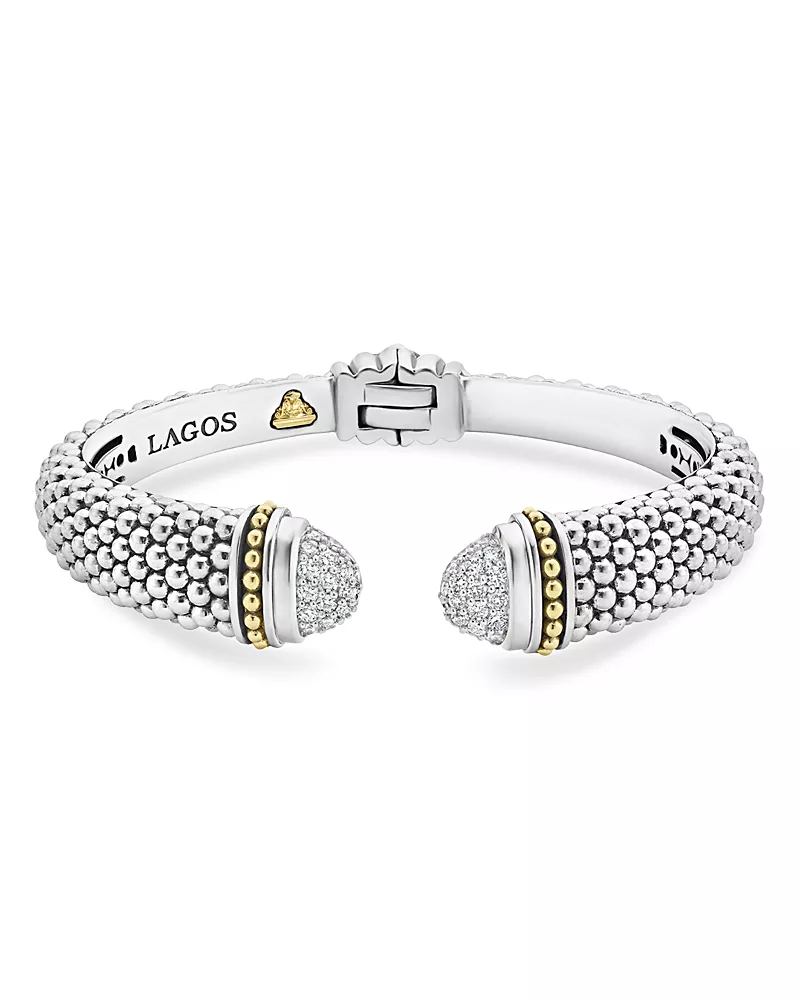 Lagos 18K Gold & Sterling Silver Caviar Diamond Cuff Bracelet, 12 mm