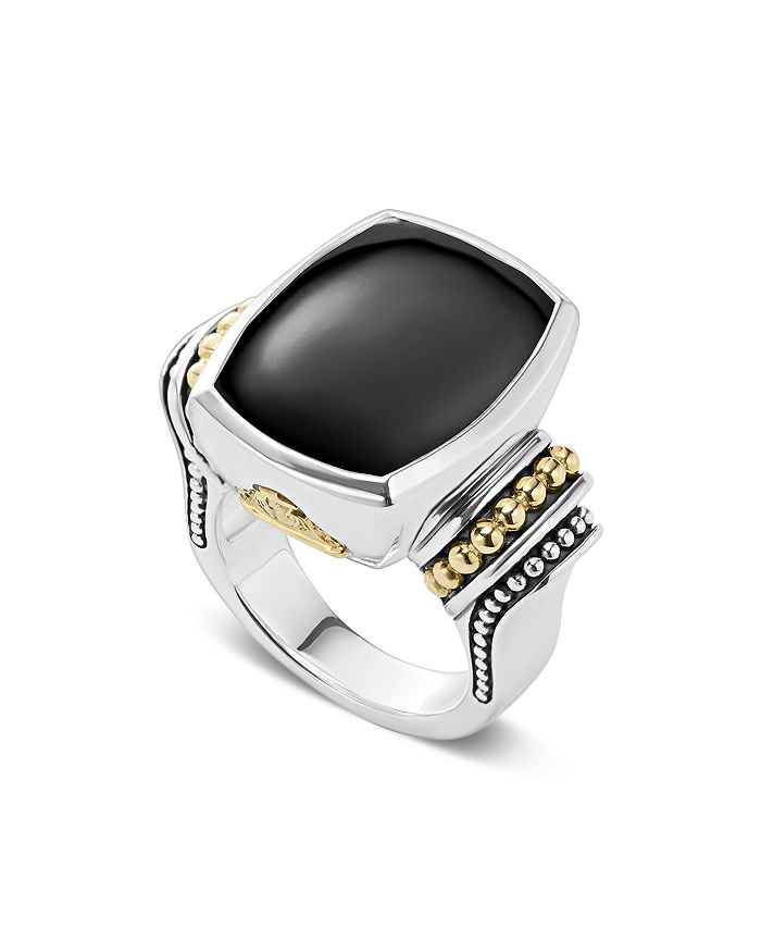 LAGOS 18K GOLD AND STERLING SILVER CAVIAR COLOR LARGE ONYX RING,02-80560-OXX7