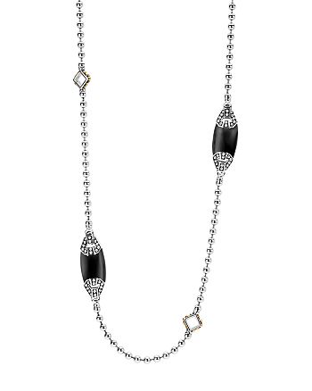 LAGOS - 18K Gold and Sterling Silver Caviar Color Onyx Station Necklace, 34"