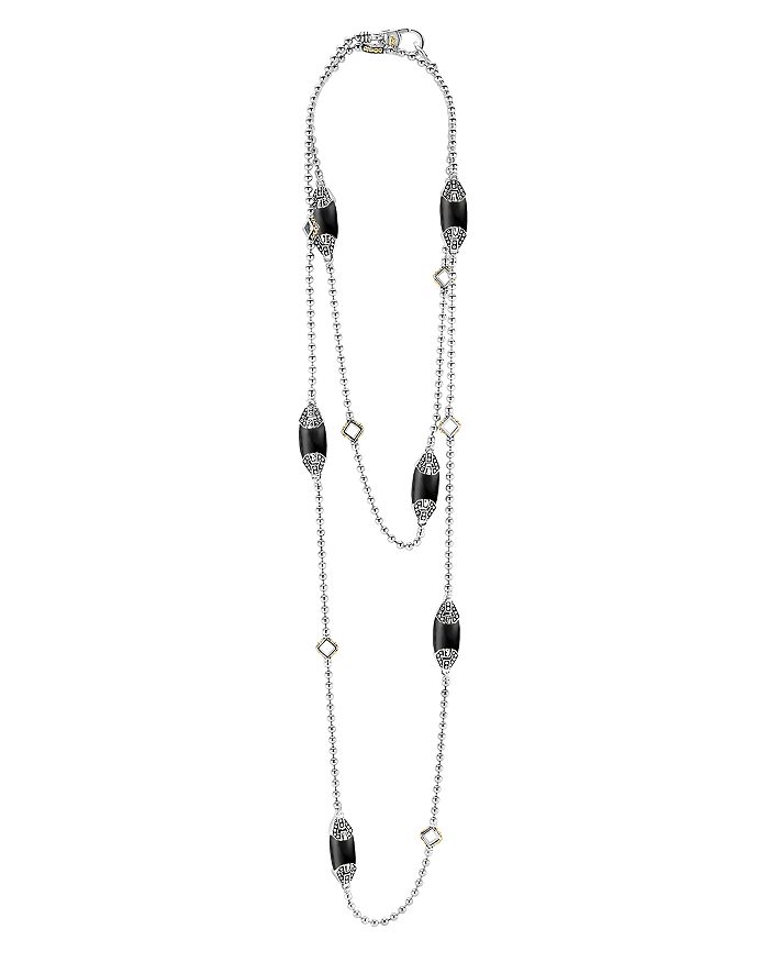 Shop Lagos 18k Gold And Sterling Silver Caviar Color Onyx Station Necklace, 34 In Black/silver
