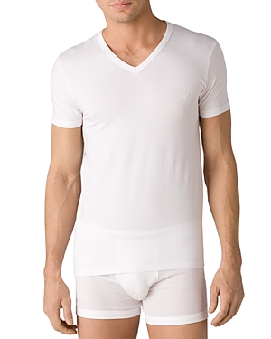 Armani Collezioni Emporio Armani Stretch Cotton V-neck T-shirt In Solid White