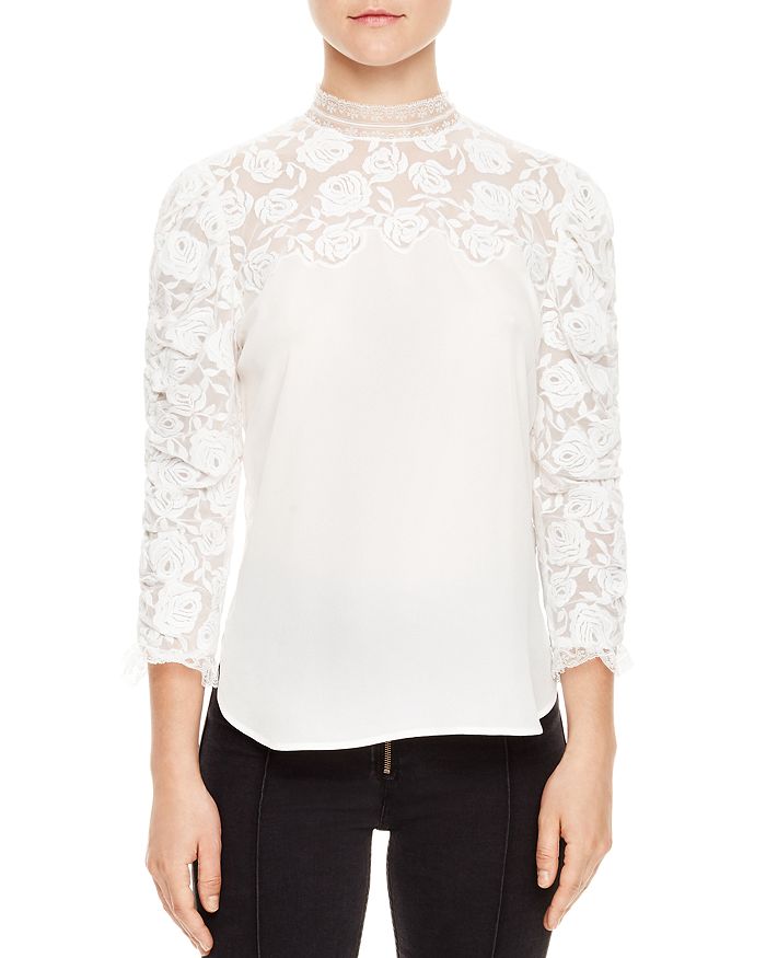 Sandro Maden Silk-Front Lace Top | Bloomingdale's