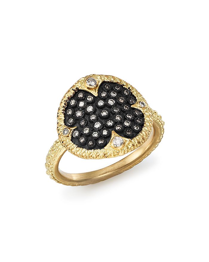 ARMENTA BLACKENED STERLING SILVER & 18K YELLOW GOLD OLD WORLD PAVE CHAMPAGNE DIAMOND DISC RING,10403
