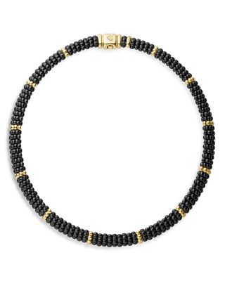 Gold & Black Caviar Collection 18K Gold & Ceramic Twelve Station Collar Necklace, 16"