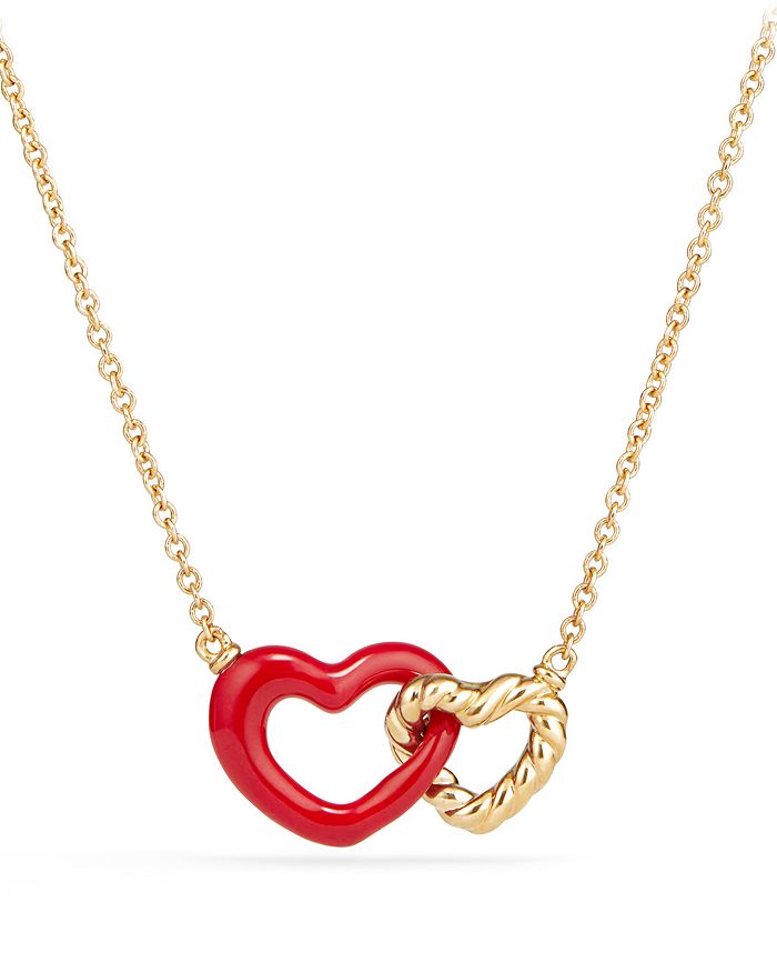 DAVID YURMAN DOUBLE HEART PENDANT NECKLACE WITH RED ENAMEL AND 18K GOLD,N13858 8SBRED18