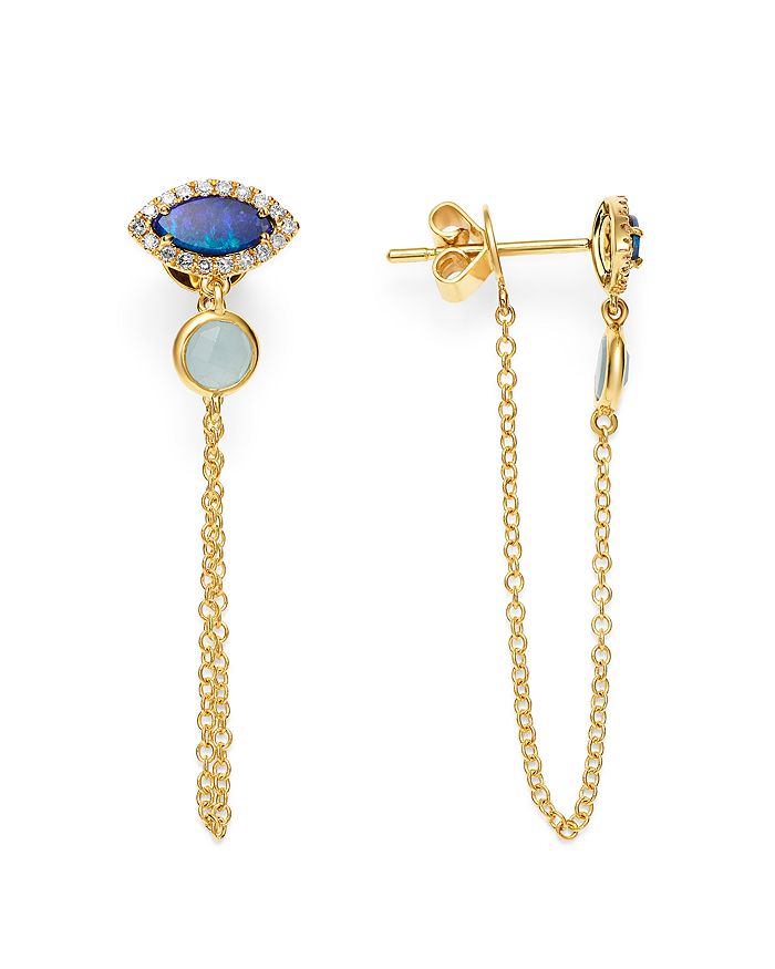 Meira T 14k Yellow Gold Milky Aquamarine, Opal & Diamond Draped Chain Stud Earrings In Blue/gold