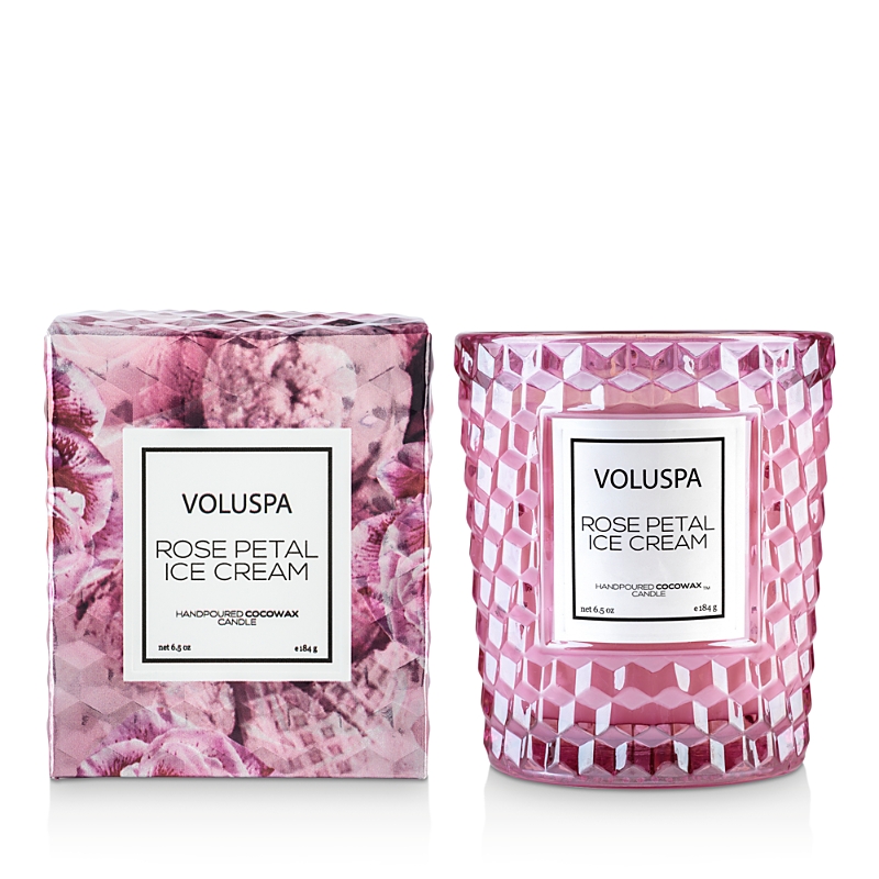 Voluspa Rose Petal Ice Cream Embossed Glass Candle 6.5 oz.