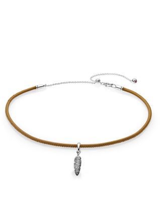 Pandora - Sterling Silver & Leather Tan Choker Necklace, 15" & Feather Pendant