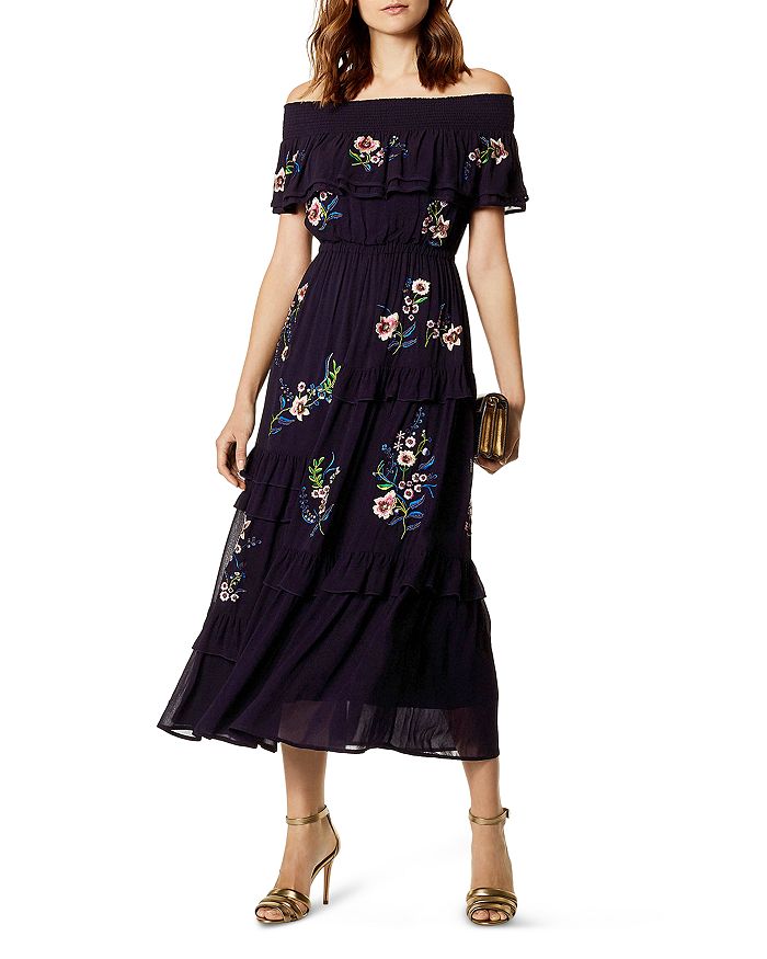 KAREN MILLEN Embroidered Off-the-Shoulder Midi Dress | Bloomingdale's