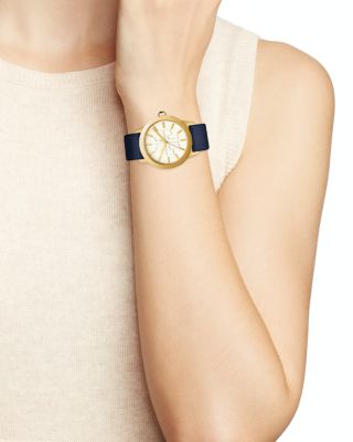 Tory Burch Gigi Gold-Tone and Navy Strap Leather Watch, 36mm