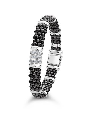 Sterling Silver Black Caviar Collection Pav&eacute; Diamond & Black Ceramic Station Bracelet