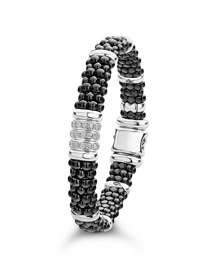 Shop Lagos Sterling Silver Black Caviar Collection Pave Diamond & Black Ceramic Station Bracelet In White/black