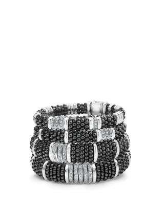 Sterling Silver Black Caviar Collection Pav&eacute; Diamond & Black Ceramic Station Bracelet