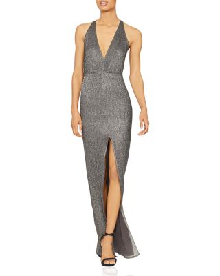 halston heritage metallic knit evening gown