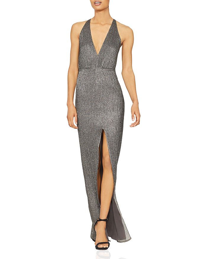 Halston heritage metallic knit evening gown cheap