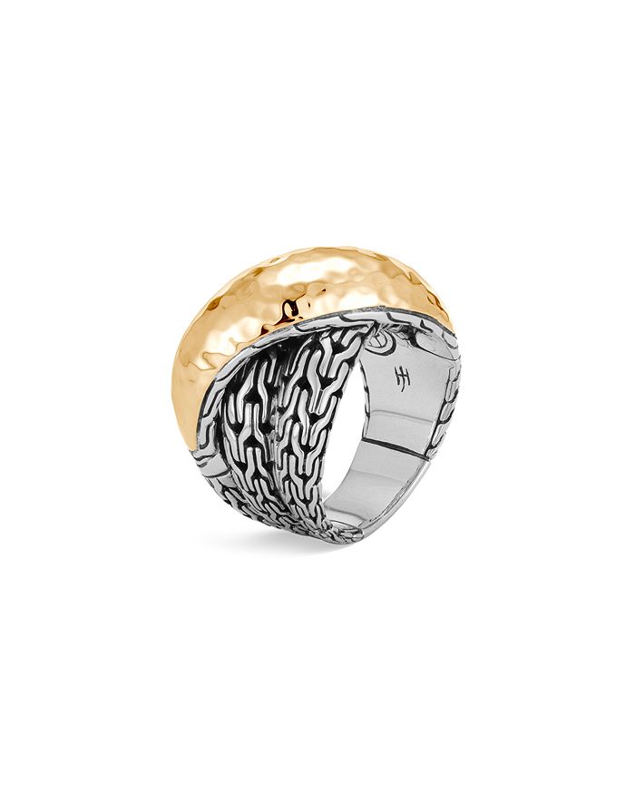 JOHN HARDY STERLING SILVER & 18K BONDED GOLD CLASSIC CHAIN HAMMERED CROSSOVER RING,RZ90238X7