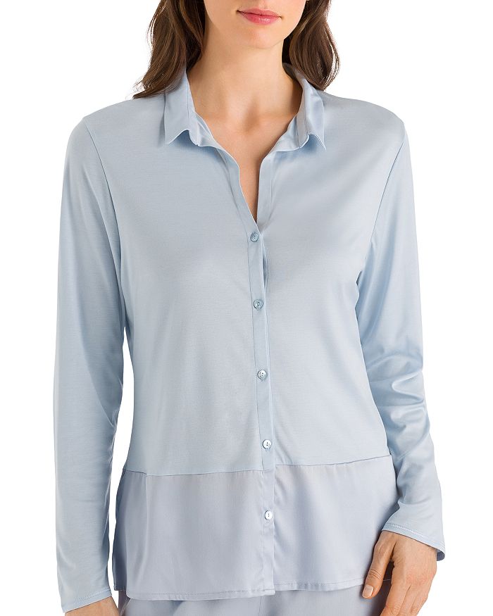 Hanro Grand Central Long Sleeve Pajama Shirt In Ice Blue